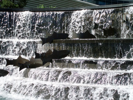 Metal Salmon at Waterfall Pond at the South Base of the Tower