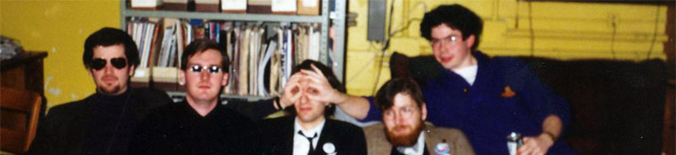 Bryce, Keith, Pete, Toby and Bill on the famous CFRC Couch of Doom and Sproinginess, circa 1989