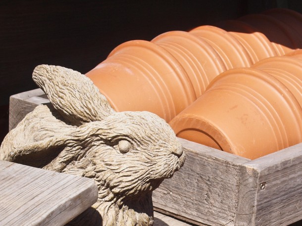 Stone Rabbit and Garden Pots
