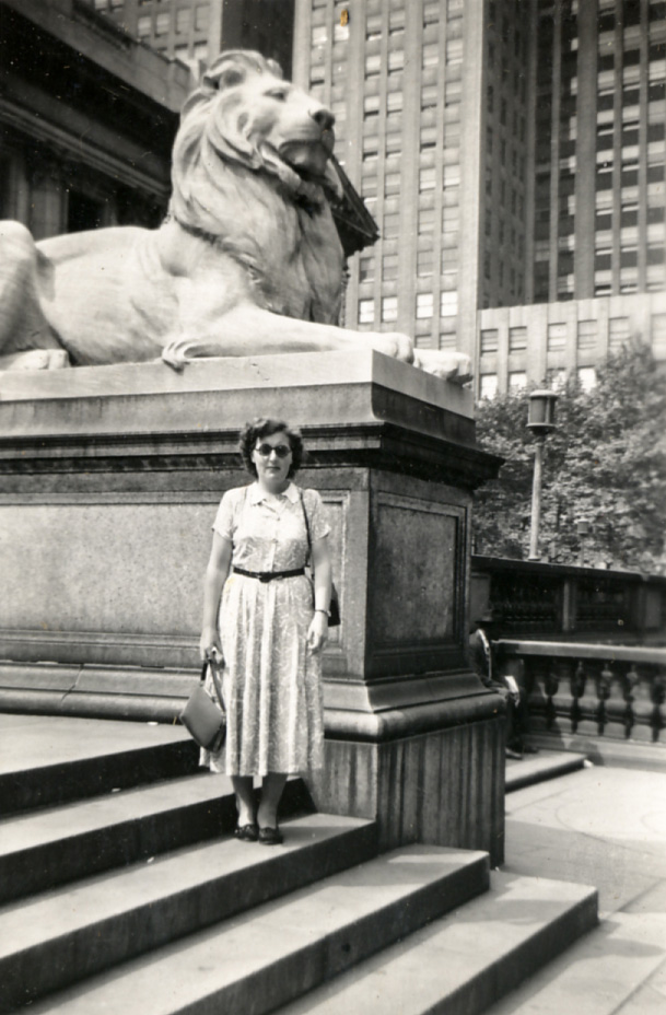 Audrey Stuart by Lion Statue New York City Public Library 1952